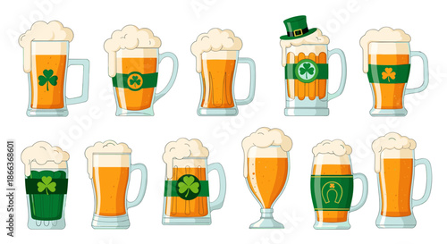 Diverse set of beer mugs and glasses filled with amber lager and topped with foam, some featuring Irish shamrocks and horseshoes.