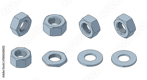 Technical hardware set of various steel hexagonal nuts and flat washers shown from different perspectives for industrial and mechanical design.