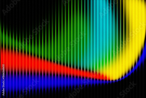 Converging beams of red yellow and blue light in a corner, across vertical lines, representing data intersection and focus, Abstract spectrum glow with sharp color corners and stripe textures.