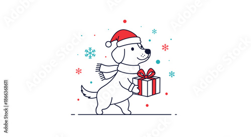 Adorable illustration of a white puppy wearing a red Santa hat and scarf carrying a wrapped Christmas gift in a snowy scene.