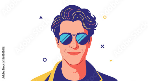 Modern portrait of a stylish man with blue hair wearing sunglasses is presented in a colorful flat vector illustration.