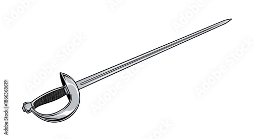 Detailed illustration of a classic rapier sword shows the hilt and long thin blade on a clean white background.