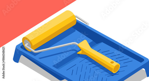 Isometric vector illustration of a yellow paint roller sitting in a blue tray is ideal for home renovation themes.