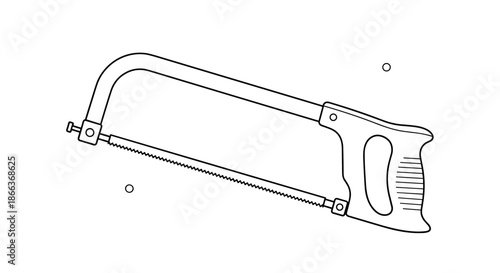 Simple black and white line drawing of a hand hacksaw tool for metalworking is isolated on a white background.