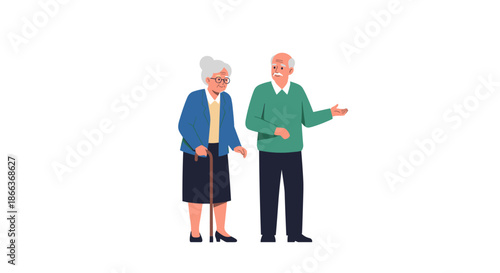 Charming illustration of an elderly couple standing together captures the man gesturing while the woman holds a cane.