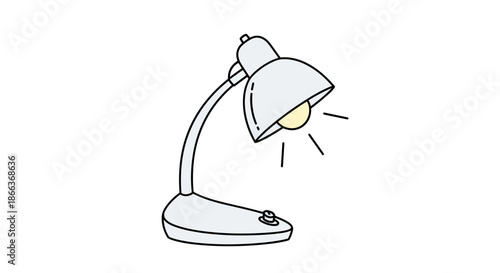 Functional desk lamp with a light bulb shining brightly is depicted in a clean and simple vector illustration.