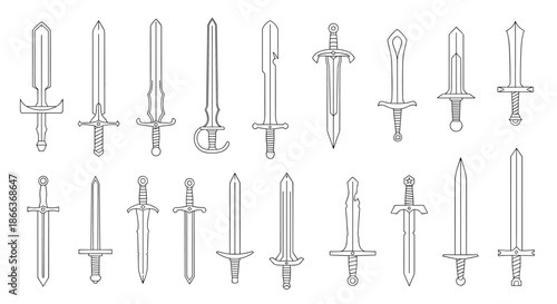 Comprehensive set of various sword and blade outlines in black and white line art style representing different historical eras.