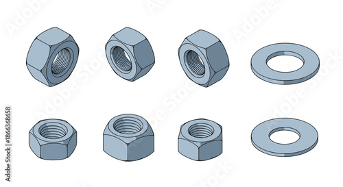 Collection of industrial steel hexagonal nuts and flat circular washers shown from different angles and perspectives in a technical illustration style.