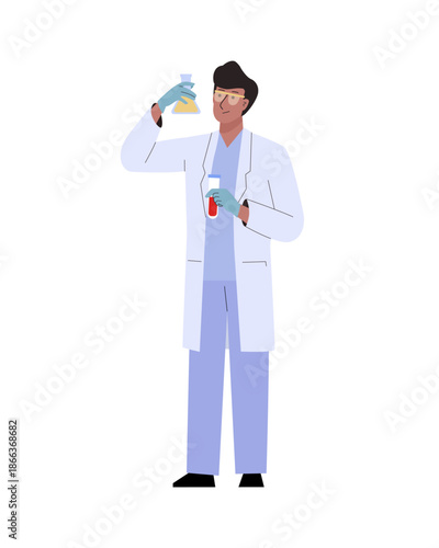 Scientist man in lab coat holding test tube with liquid conducting medical or chemical research or analysis