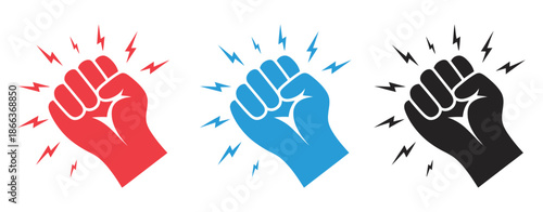 Fist Hitting Outline Knock Icon, Human Hand Performing Knocking Gesture, Impact Motion Lines, Red Blue Black Vector Style.