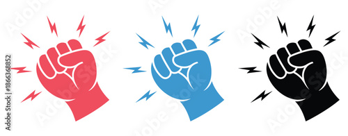 Fist Hitting Outline Knock Icon, Human Hand Performing Knocking Gesture, Impact Motion Lines, Red Blue Black Vector Style.