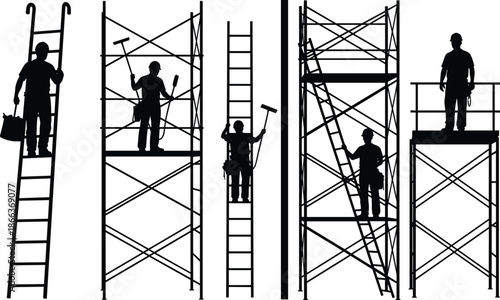 Construction worker silhouettes on ladders and scaffolding performing building maintenance tasks, working at height safely, industrial vector illustration set