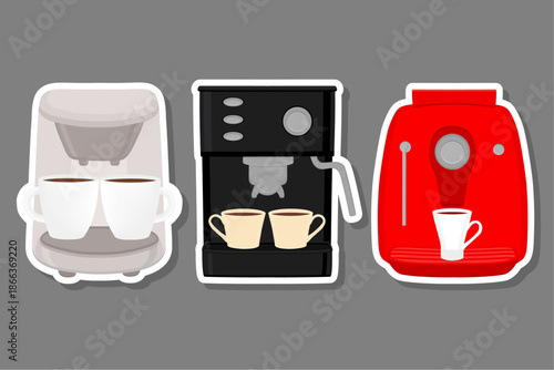 big colored set different types coffee machine