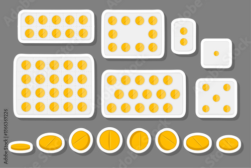 Big colored set different types of pills inside close blister