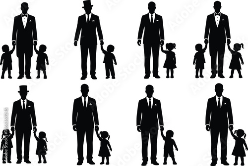 Father and children silhouettes in formal suits holding hands isolated on white background representing family bond illustration set vintage vector collection