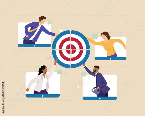 Remote team collaboration target concept, diverse business teamwork achieving common goal editable clipart, online strategy and virtual cooperation vector illustration