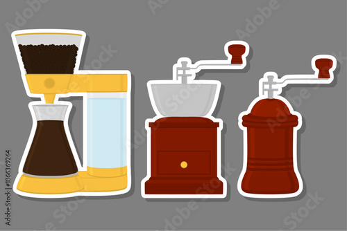 big colored set different types wooden coffee mill