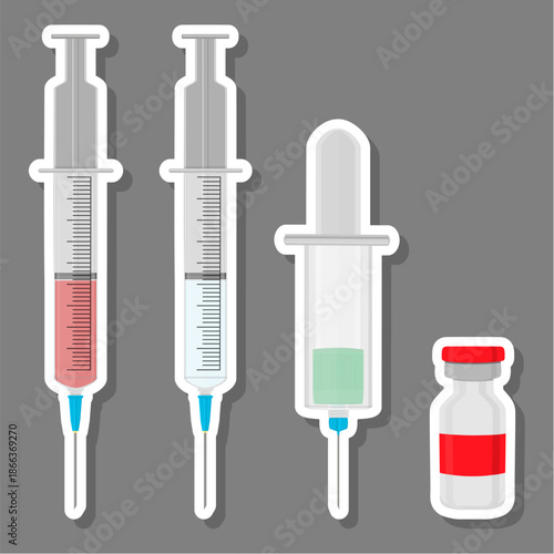 Big colored set different types of syringes, needles for hospital