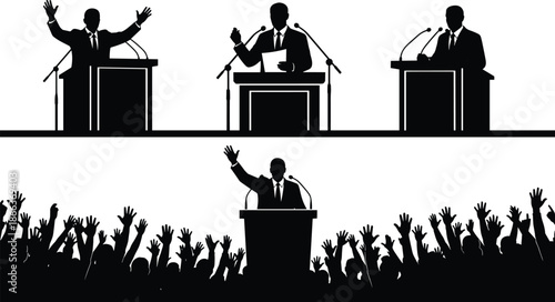 Political speech silhouettes illustrating public speaking leadership election debate podium crowd democracy campaign influence and authority concept in bold black style
