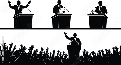 Politician giving public speech at podium addressing crowd with raised hands silhouette illustration isolated on white background political leadership concept