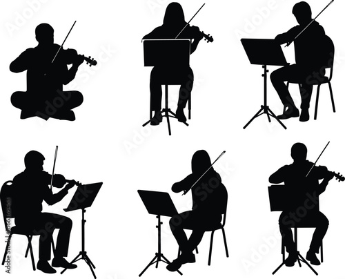 Silhouette violinists performing classical music seated with music stands isolated on white background, professional string musicians practicing orchestra rehearsal concept