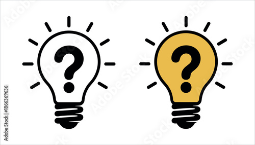 Black and yellow light bulbs with question marks symbol on white background