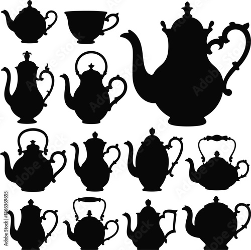 Vintage teapot and teacup silhouettes collection isolated on white background for kitchen decor, tea ceremony, retro design, vector, illustration, graphic set