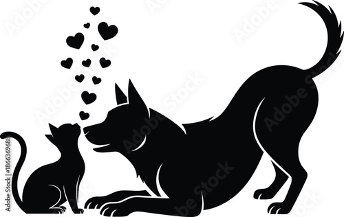 Dog cat silhouette vector illustration, love hearts pets friendship animal relationship black white design romantic companionship playful greeting card art
