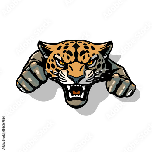 Fierce jaguar head with sharp teeth and claws outstretched aggressively