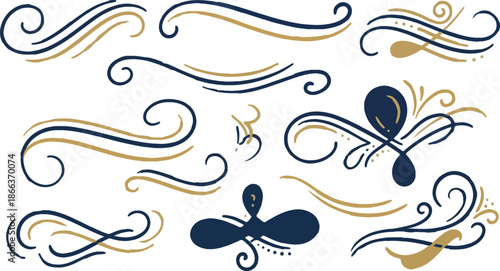 Set Of Elegant Gold and Navy Blue Flourish Swirls and Calligraphic Ornaments