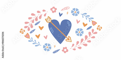 A heart pierced by an arrow surrounded by floral and leaf decorations