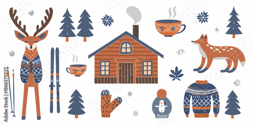 Winter scene featuring deer fox cabin and festive seasonal elements