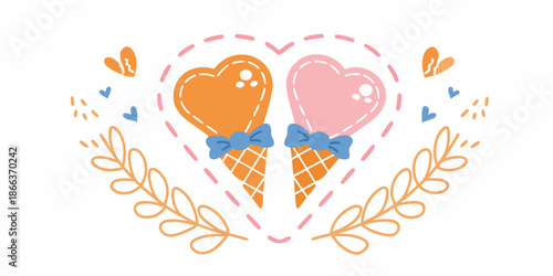 Two heart shaped ice cream cones within a dashed heart frame sweet illustration