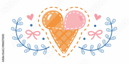 A charming illustration of a double scoop ice cream cone with hearts and foliage