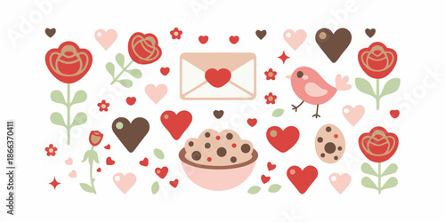 A charming pattern of hearts flowers birds and sweet treats for valentine s day