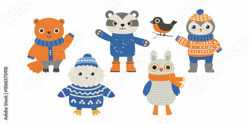 Cute winter animals wearing colorful knitted hats and scarves illustration