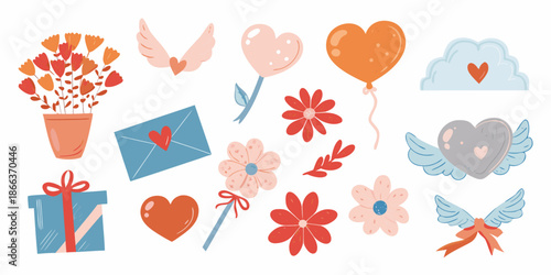 Collection of charming valentine s day themed illustrations with hearts and gifts