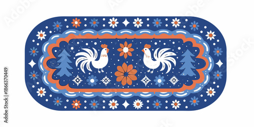 A decorative oval rug featuring stylized roosters flowers and folk patterns