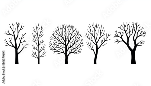 Black silhouettes of bare trees on white background