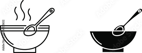 Hot soup bowl icon, steaming food silhouette, spoon in bowl vector, kitchen utensil illustration, black outline, solid style, restaurant graphic