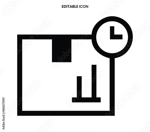 Simple black icon depicting a package with a clock suggesting delivery or time sensitive shipping