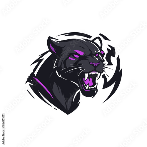 Fierce purple panther head logo with sharp teeth and glowing eyes