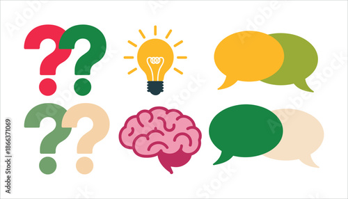 Colorful question marks light bulb brain speech bubbles colorful thinking
