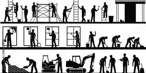Construction worker silhouettes, building renovation activities, industrial labor process, scaffolding ladders tools machinery, teamwork concept isolated white background, vector illustration