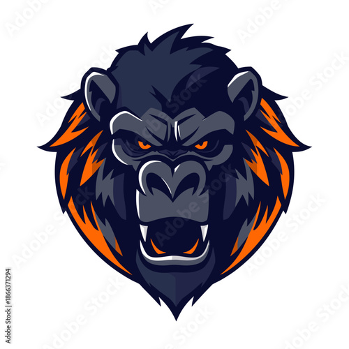 Fierce gorilla head logo with orange eyes and fur