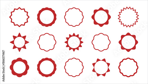 Red floral and starburst shapes on white background symbols