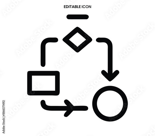 Simple black and white illustration of a circular process flow with square circle and diamond shapes
