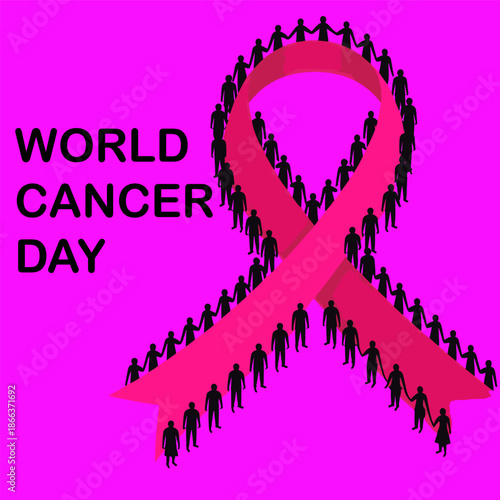 World Cancer Day Pink Ribbon People Holding Hands Awareness Vector Illustration