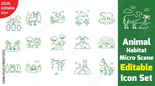 Animal habitat micro-scene line icons showing simplified environments like forest, desert, ocean, arctic, grassland, white background vector.