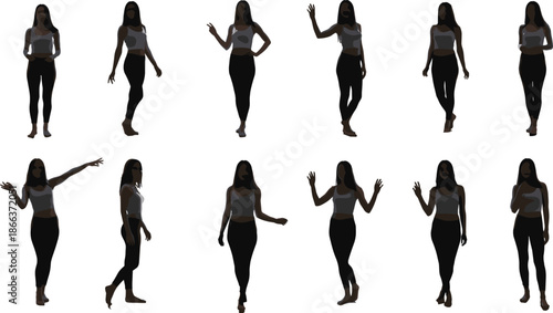 Standing silhouette poses, expressive human gestures, barefoot figure movements, black vector illustration, body language reference, posture study, character modeling design